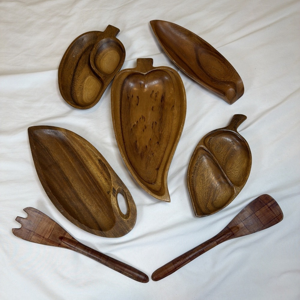 Vintage Lot Of 7 MCM Monkey Pod Wood Serving Trays Bowls Spoon Fork